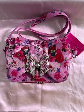 Betsey Johnson Pink Floral Crossbody with Silver Butterfly Accent